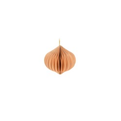 A delicate, peach-colored honeycomb ornament with elegant folds and a gold string.
