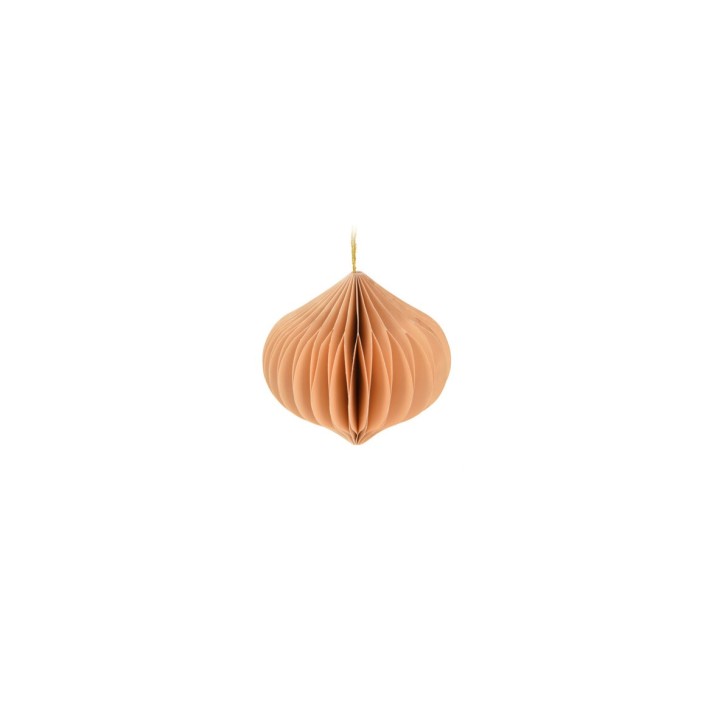 Een hangende, honingkleurige ornament met een stijlvolle, geperforeerde structuur.