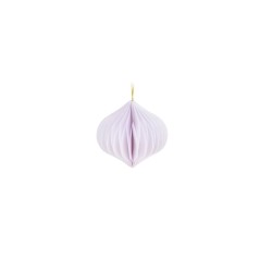 A delicate lavender paper ornament with soft pleats and a golden string for hanging.