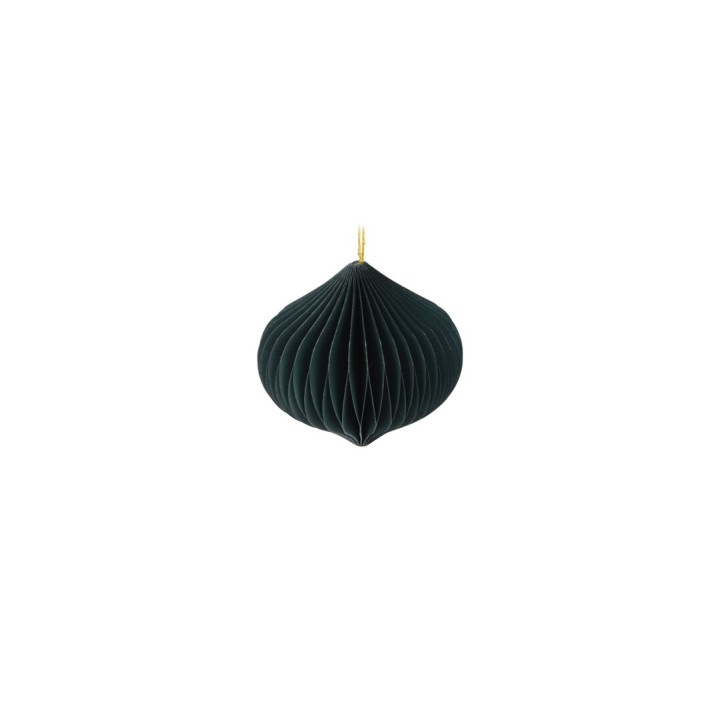 Diep groene, geribbelde kerstbal met een gouden ophanglus, elegant en modern van stijl.