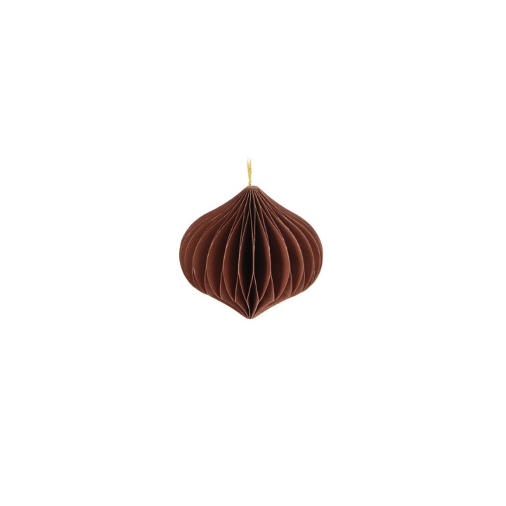 Een bruin papieren ornament met een elegante, geplooide vorm en een gouden ophanglus.