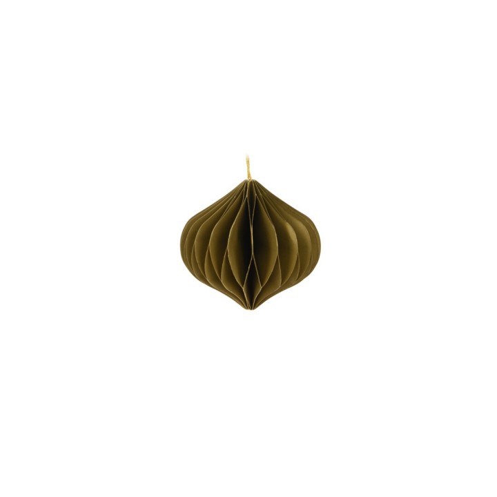Gouden, papieren ornament met een golvende, honigraatachtige structuur, hangend aan een dunne lijn.