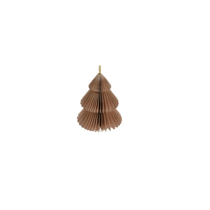 Bruine, gestructureerde papierdecoratie in de vorm van een kerstboom met plooien.