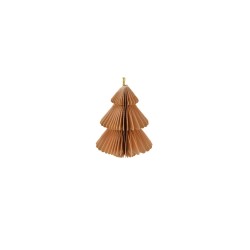 A textured, layered paper ornament shaped like a pine tree in warm brown tones.
