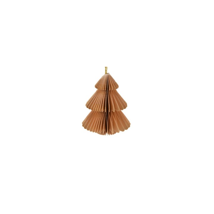 Papieren kerstboom in warme bruintinten, met geplooide lagen en een gouden ophanghaak.