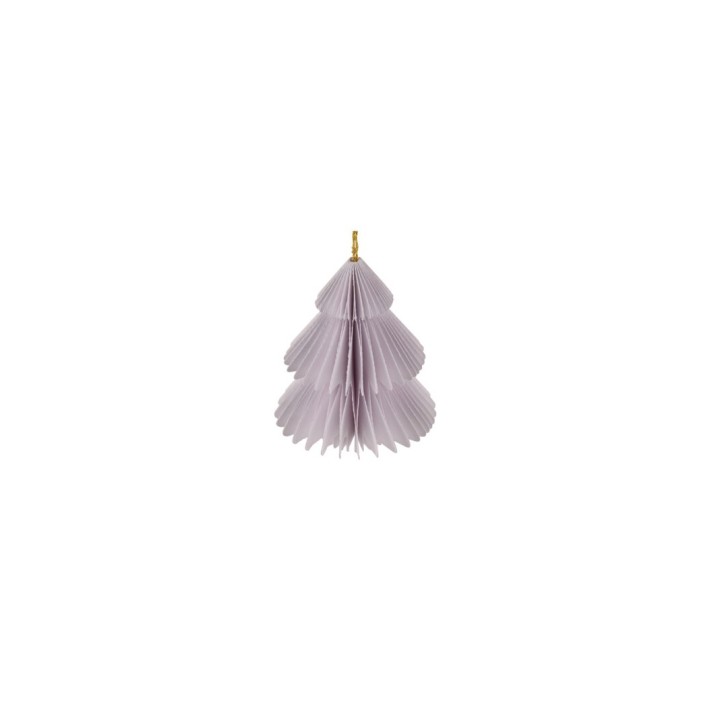Lichtpaars, papieren kerstboompje met elegante, geplooide vormen en een gouden ophanglus.