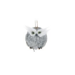 Schattige, grijze uil van zacht materiaal met grote ogen en een pluizige uitstraling.