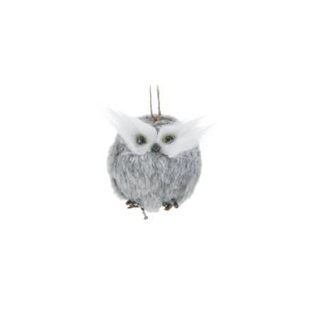 A round, fluffy gray owl ornament with large eyes and white feather accents.