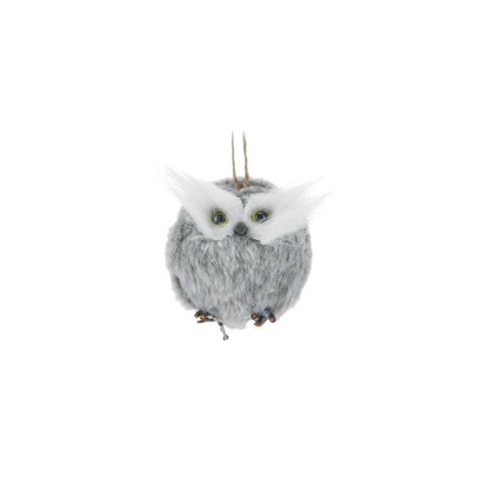 Schattige, grijze uil van zacht materiaal met grote ogen en een pluizige uitstraling.