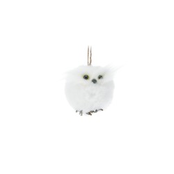 A fluffy white owl ornament with large eyes, suspended by a natural twine.