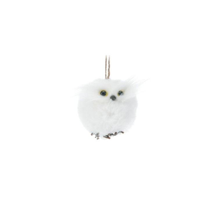 Schattige, ronde, witte uil met gele ogen, hangend aan een touwtje. Fluffy en schattig.