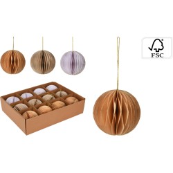 A set of honeycomb paper ornaments in warm tones, displayed in a cardboard box.