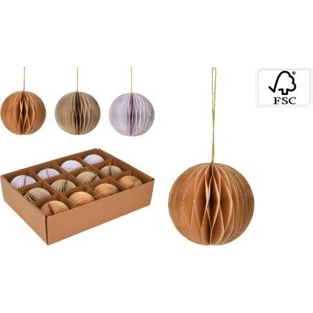 A set of honeycomb paper ornaments in warm tones, displayed in a cardboard box.