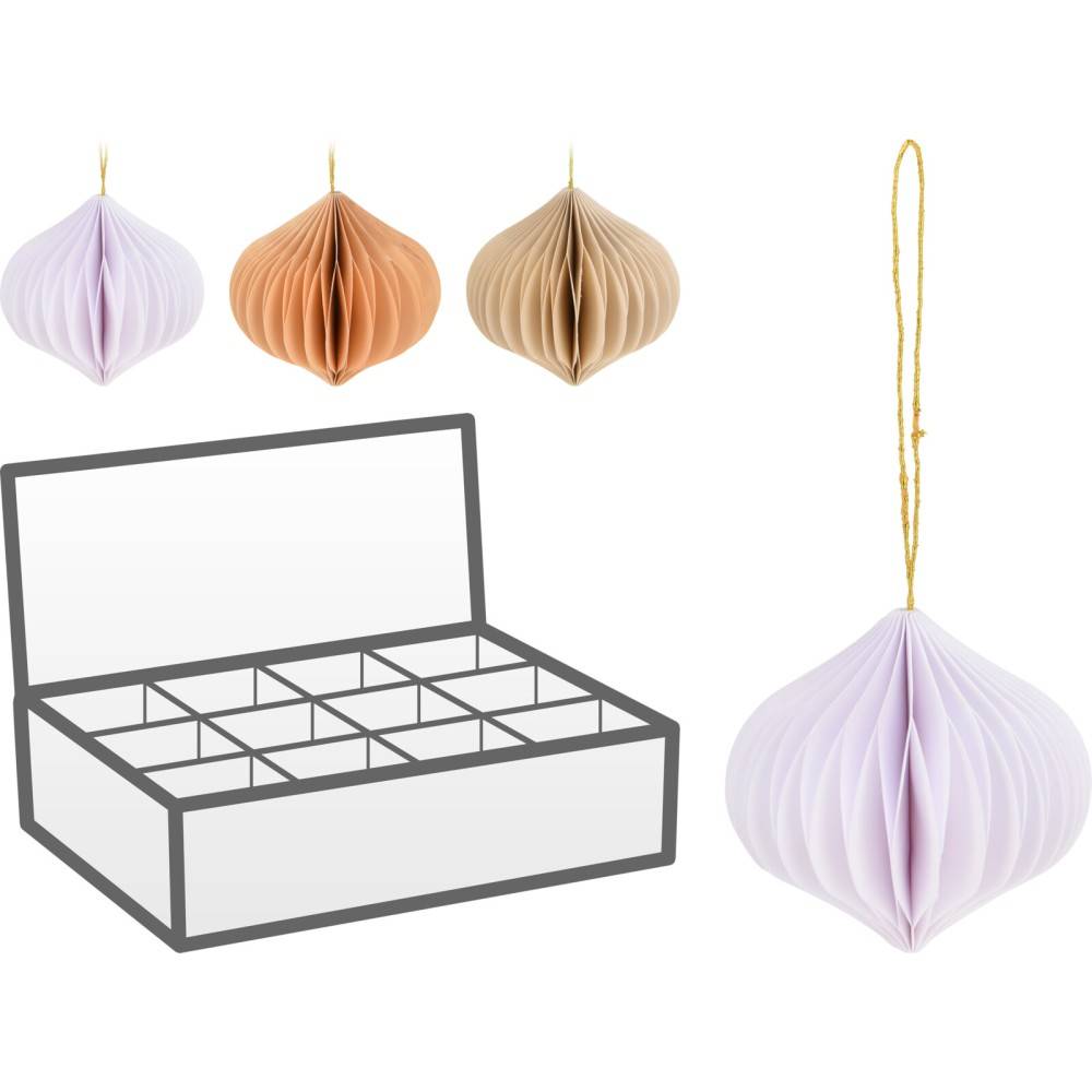 A pastel-colored paper ornament hangs near a storage box with compartments.