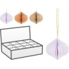 A pastel-colored paper ornament hangs near a storage box with compartments.