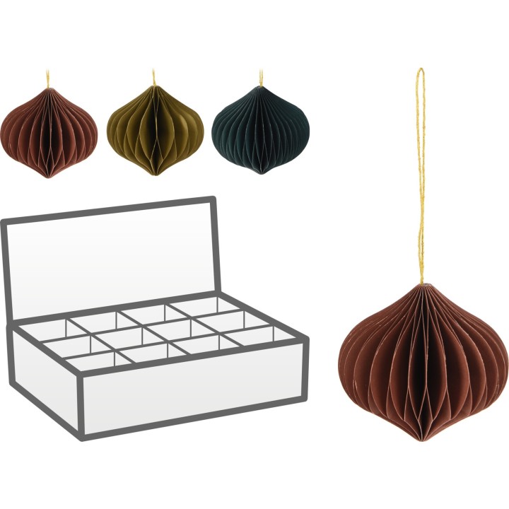 Verschillende papieren ornamenten in warme kleuren, met een geschenkdoos voor opslag.