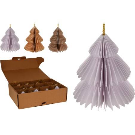 Papieren kerstbomen in diverse kleuren, met een gouden hanger, mooi gepresenteerd in een doos.