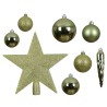 A festive arrangement of green ornaments and a glittery star, perfect for holiday decor.