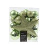 A clear package filled with various green holiday ornaments, including shiny balls and a star.