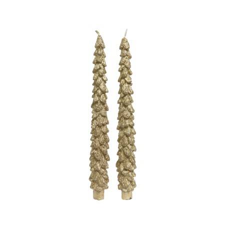 Two tall, gold candlesticks shaped like Christmas trees, glimmering with a festive sparkle.