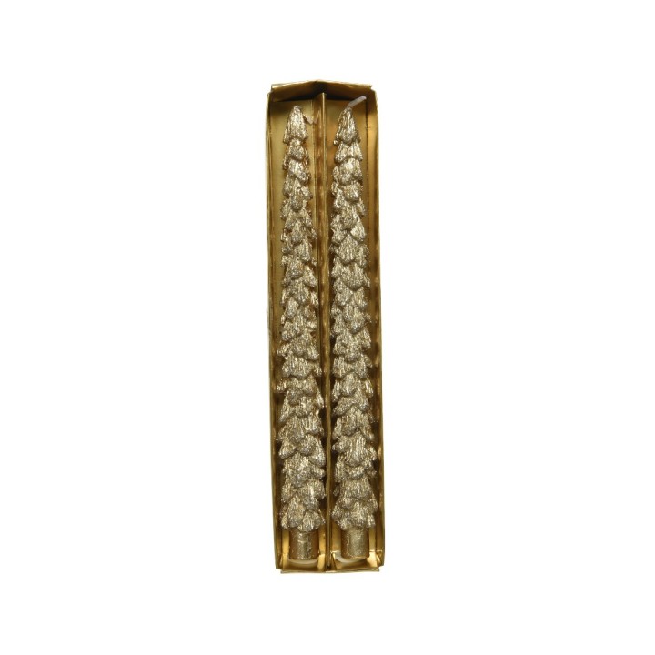 Twee slanke gouden kaarsen in een luxe doos, versierd met sprankelende details.