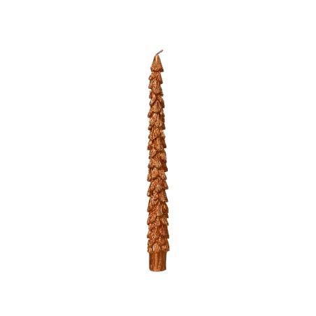 A tall, slender candle shaped like a pine tree, shimmering in warm copper tones.