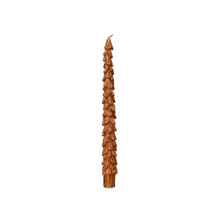 Een slanke, glanzende kaars in de vorm van een dennenboom, glinsterend in warme bronskleur.