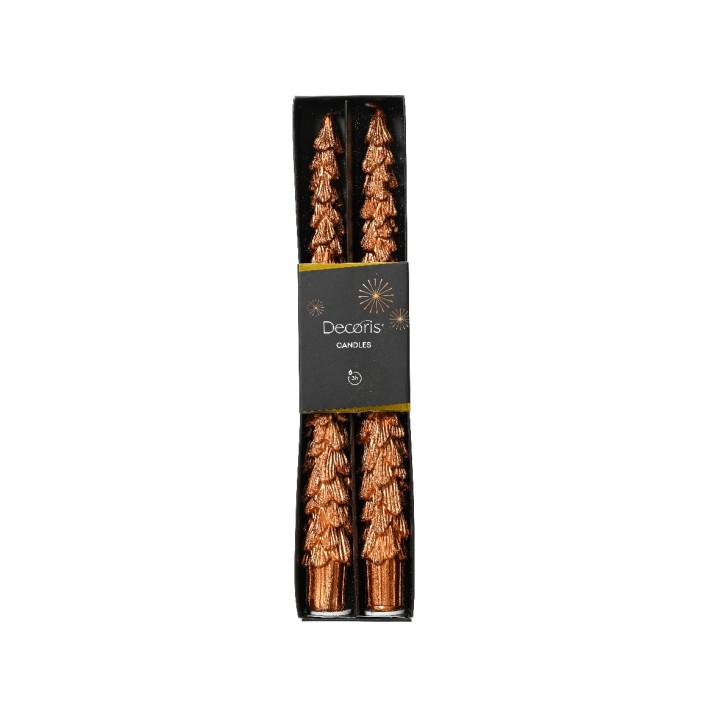 Set van twee koperen kaarsen in de vorm van kerstbomen, elegant verpakt in een zwarte doos.
