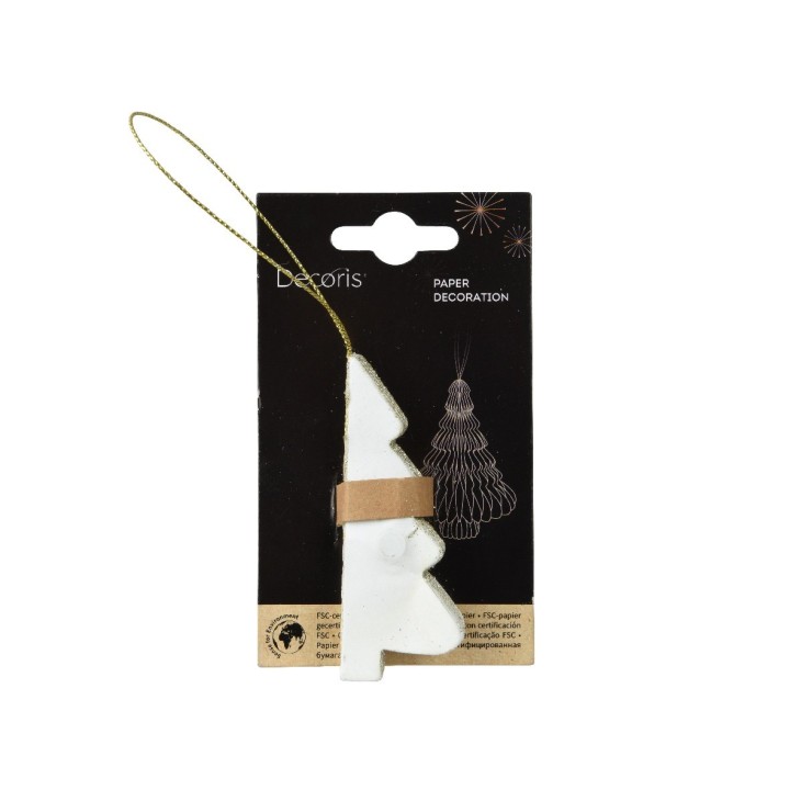 Witte papieren kerstboomhanger met een gouden koord en een bruine band. Moderne, minimalistische ...