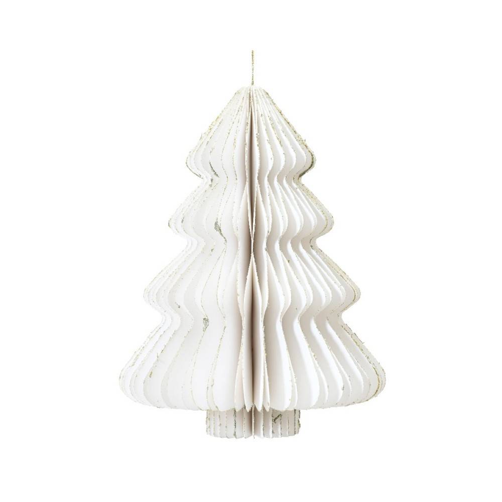 A delicate white paper Christmas tree with layered, scalloped edges.
