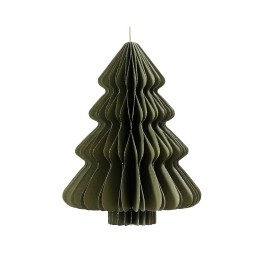 Gestileerde kerstboom van groen karton met golvende lagen, hangend aan een dunne draad.