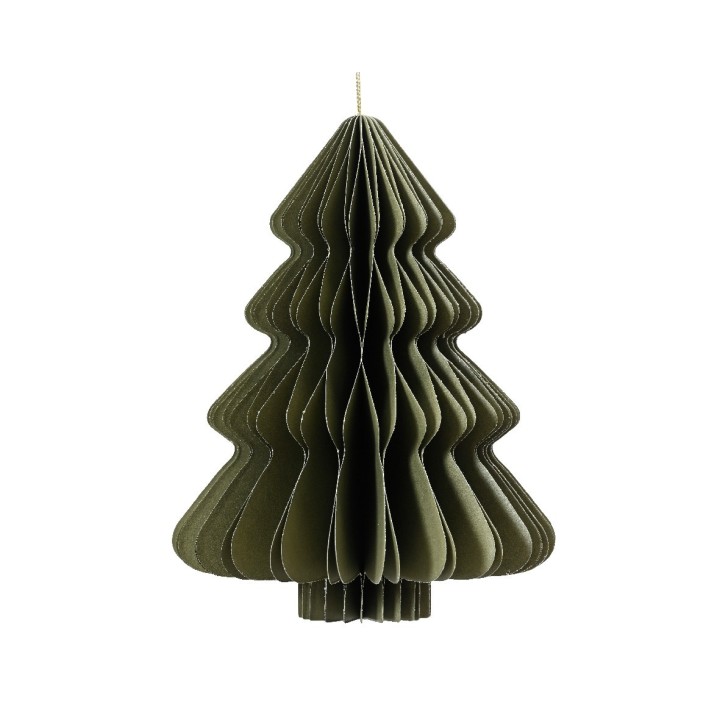 Gestileerde kerstboom van groen karton met golvende lagen, hangend aan een dunne draad.