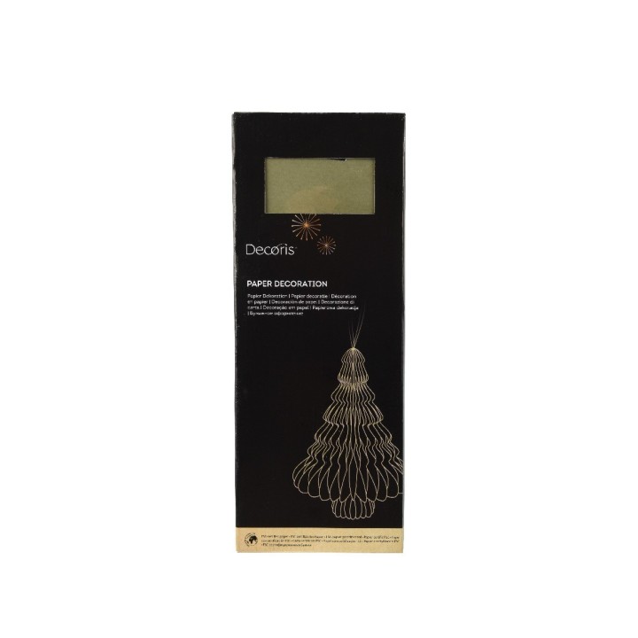 Zwarte verpakking met een gouden kerstboompje van papier, elegant en feestelijk.