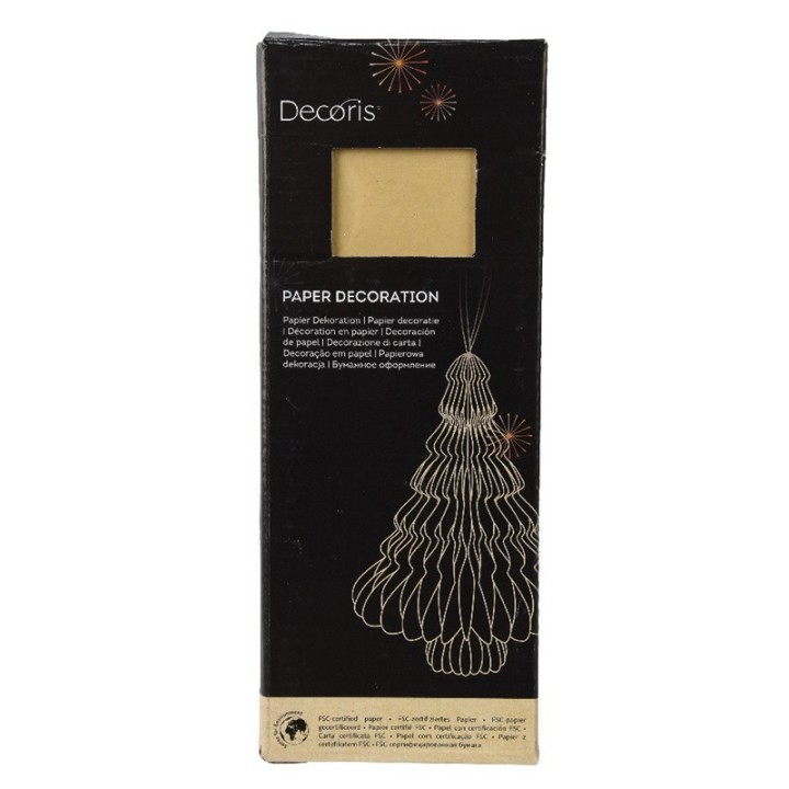 Zwarte verpakking met gouden accent, toont een papieren decoratie in de vorm van een kerstboom.