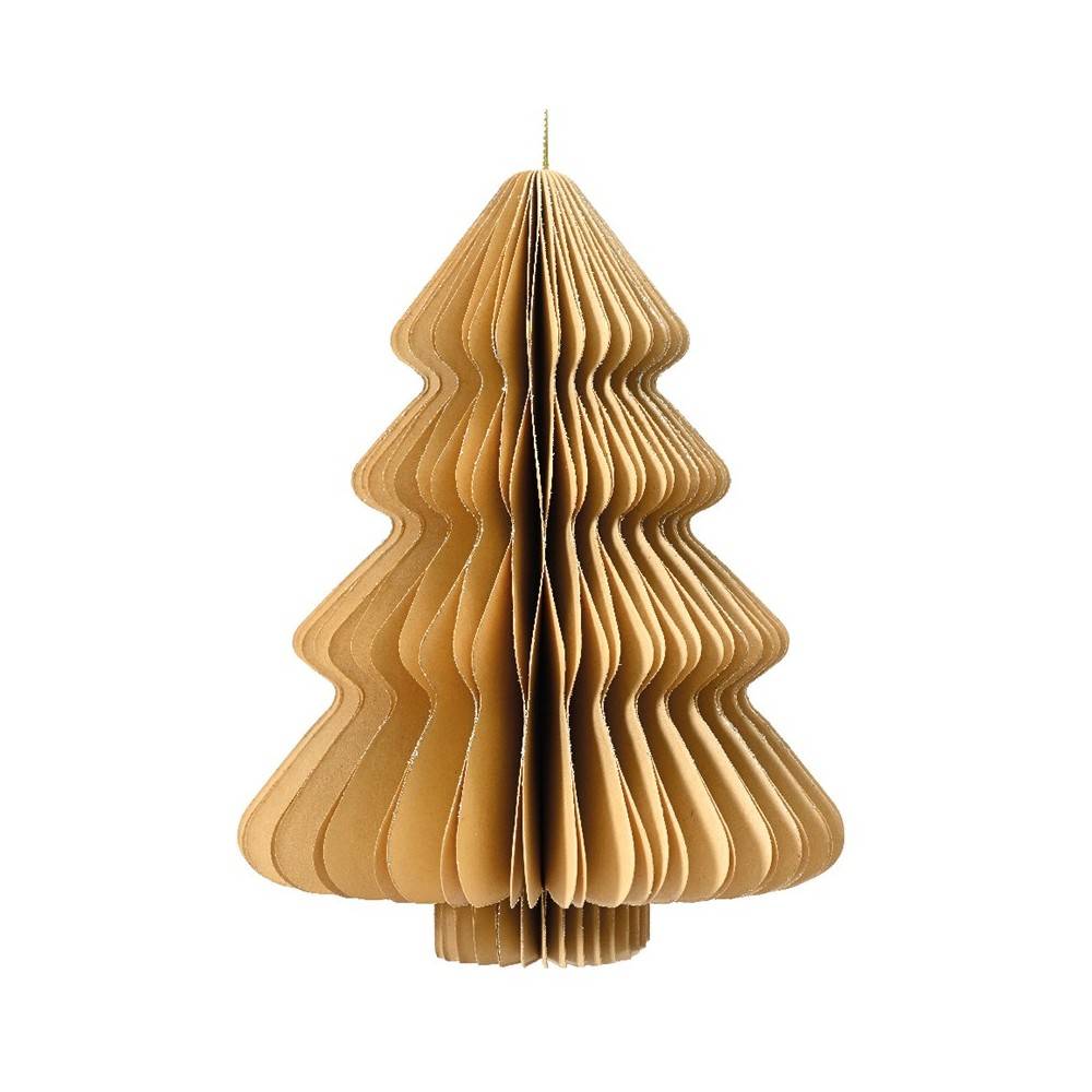 Een beige, gestileerde kerstboom van gevouwen papier met een 3D-effect.