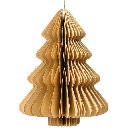A layered, three-dimensional brown paper Christmas tree ornament with a textured finish.