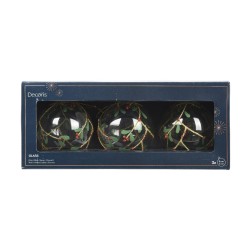 Three decorative glass ornaments with green foliage designs, elegantly packaged in a dark box.