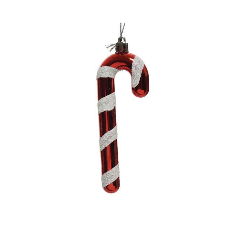 Glanzende, rode kerstversiering in de vorm van een zuurstok met witte glitters.