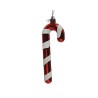 A glossy red candy cane ornament with white glittery stripes and a silver hanging loop.