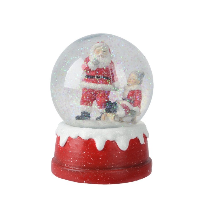 Sneeuwbol met kerstman en meisje, kleurrijk, glinsterend, op een rode basis met sneeuwlook.