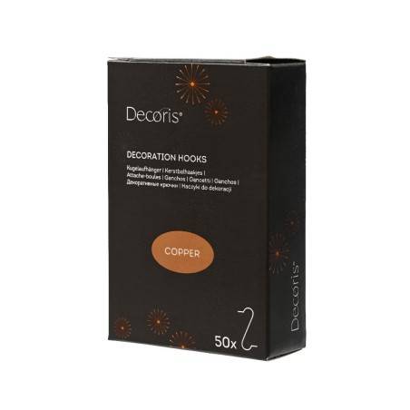 Zwarte doos met koperkleurige tekst en sterrenpatroon, bevat 50 decoratiehaken. Zwarte doos met koperkleurige tekst en sterrenpatroon, bevat 50 decoratiehaken.