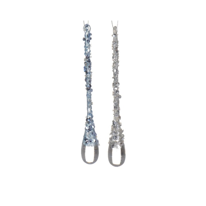 Twee lange oorbellen met glinsterende stenen in blauw en helder, aan een metalen haak.