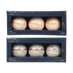 Three glass ornaments with white and orange stripes, elegantly packaged in a dark box.