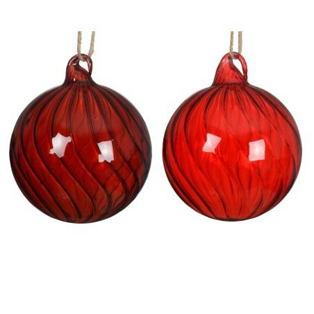 Two glossy red glass ornaments with swirling patterns and small loops for hanging.