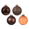 Four decorative Christmas ornaments in brown tones, featuring glossy, matte, and glitter finishes.
