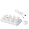 A set of ten white LED tea lights on a charging base, resembling real candles.