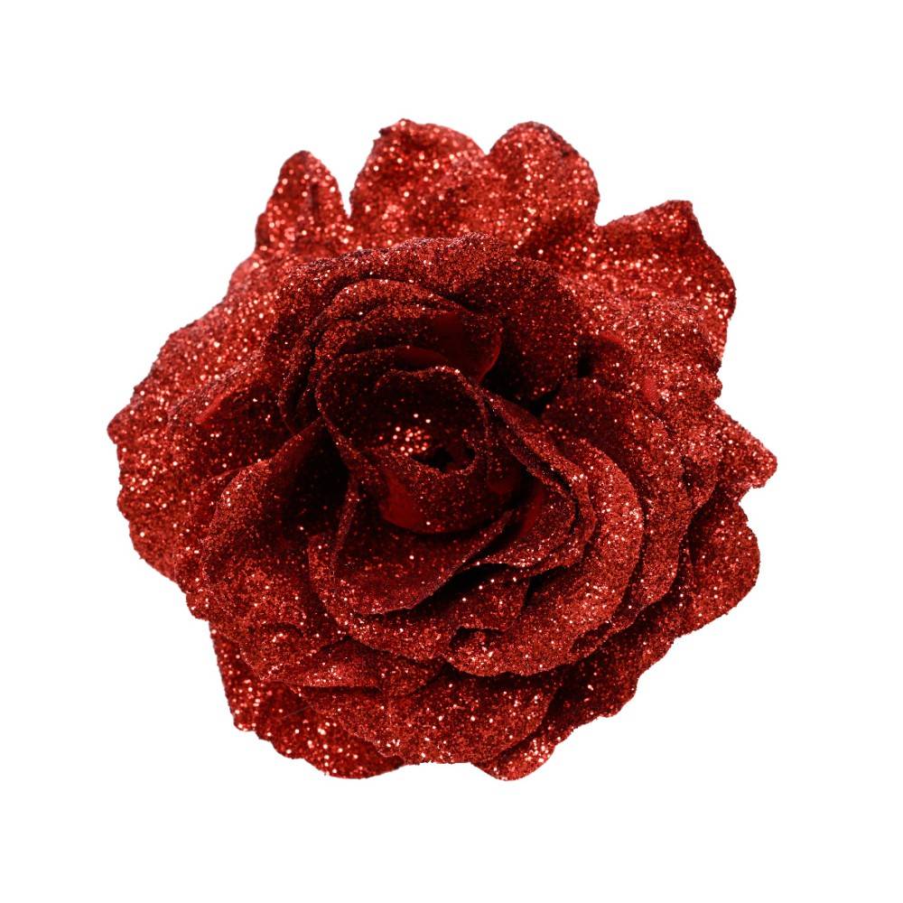A sparkling red rose with glittery petals, exuding a vibrant and festive charm.