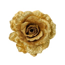 Gouden roos met glitters, luxe uitstraling, delicate bloemblaadjes en een rijke, fonkelende textuur.