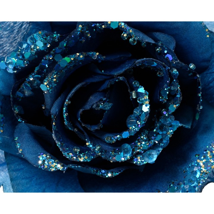 Diepblauwe roos met glinsterende pailletten en glitters, elegant en sprankelend.