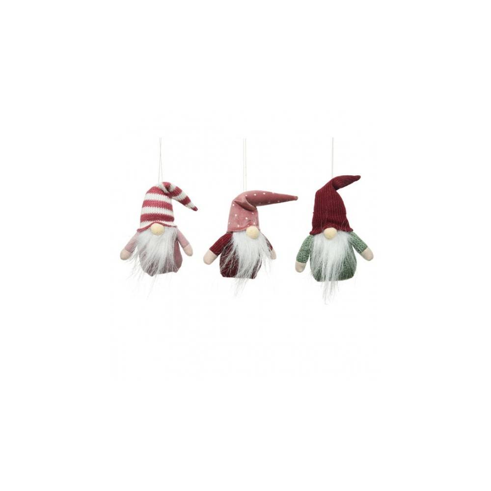 Three whimsical gnomes with long beards, colorful hats, and soft, textured bodies.
